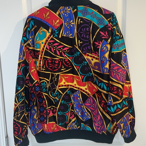 Vintage silk colorful whimsical geometric funky unique lightweight bomber jacket - Picture 4 of 12